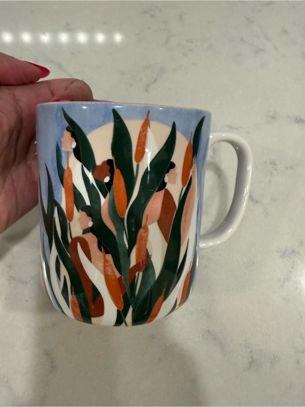 Anthropologie Ceramic Mug with Blue, Green & Orange Cattail Design